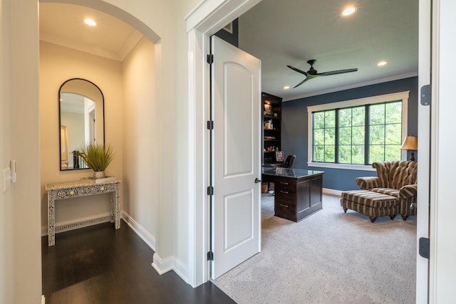 1500 Weatherhill Ridge Ct SW, Rochester Twp, MN 55902 - carpeted office featuring a ceiling fan, arched walkways, crown molding, and recessed lighting