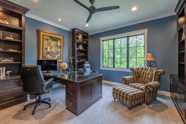 1500 Weatherhill Ridge Ct SW, Rochester Twp, MN 55902 - carpeted office featuring ornamental molding, ceiling fan, and recessed lighting