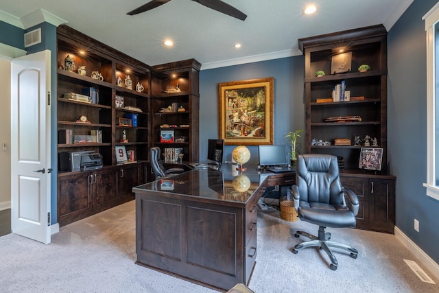 1500 Weatherhill Ridge Ct SW, Rochester Twp, MN 55902 - office area featuring a ceiling fan, crown molding, recessed lighting, and light colored carpet