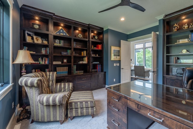 1500 Weatherhill Ridge Ct SW, Rochester Twp, MN 55902 - office area featuring crown molding, ceiling fan, and recessed lighting