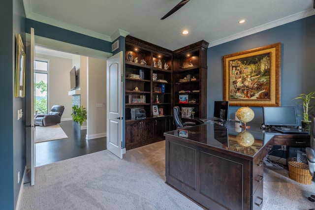 1500 Weatherhill Ridge Ct SW, Rochester Twp, MN 55902 - office space featuring a ceiling fan, light colored carpet, ornamental molding, and recessed lighting
