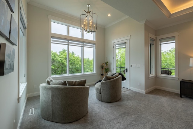 1500 Weatherhill Ridge Ct SW, Rochester Twp, MN 55902 - living area featuring carpet, ornamental molding, a chandelier, and recessed lighting