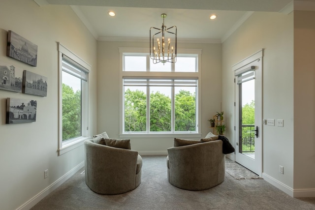 1500 Weatherhill Ridge Ct SW, Rochester Twp, MN 55902 - living area with carpet floors, a chandelier, crown molding, and recessed lighting
