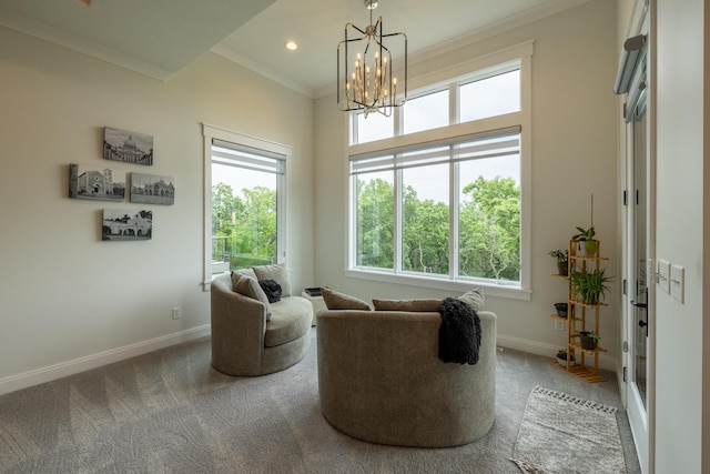 1500 Weatherhill Ridge Ct SW, Rochester Twp, MN 55902 - living area featuring carpet floors, ornamental molding, a chandelier, and recessed lighting