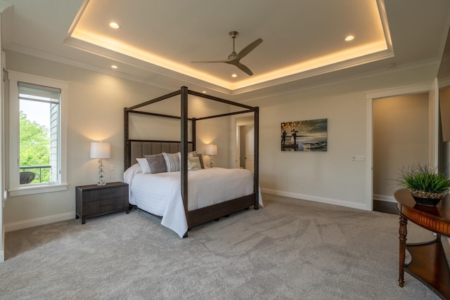 1500 Weatherhill Ridge Ct SW, Rochester Twp, MN 55902 - carpeted bedroom featuring a tray ceiling, recessed lighting, ornamental molding, and ceiling fan