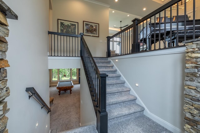 1500 Weatherhill Ridge Ct SW, Rochester Twp, MN 55902 - stairs with carpet, a towering ceiling, recessed lighting, and pool table
