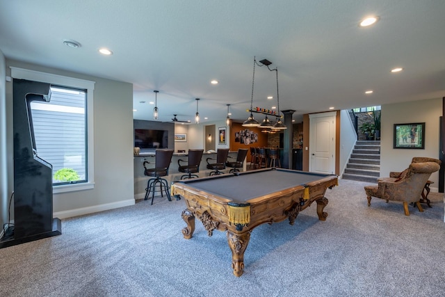 1500 Weatherhill Ridge Ct SW, Rochester Twp, MN 55902 - recreation room with a bar, billiards, carpet floors, and recessed lighting