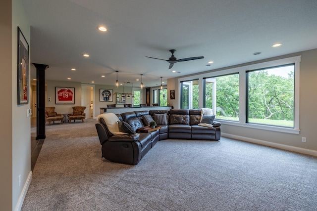 1500 Weatherhill Ridge Ct SW, Rochester Twp, MN 55902 - carpeted living area with recessed lighting, a ceiling fan, and pool table