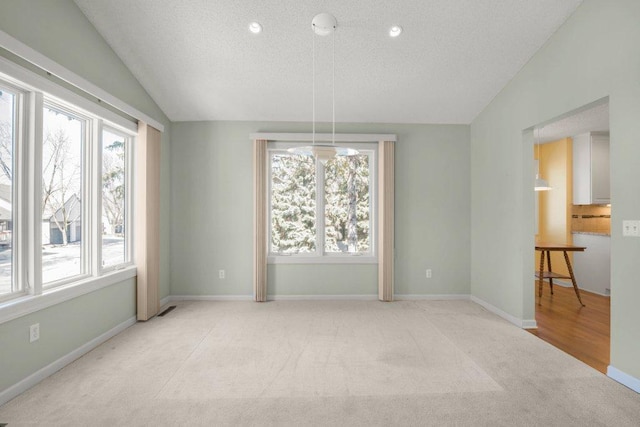 8425 Rice Lake Rd, Maple Grove, MN 55369 - unfurnished dining area featuring a textured ceiling, light carpet, and vaulted ceiling