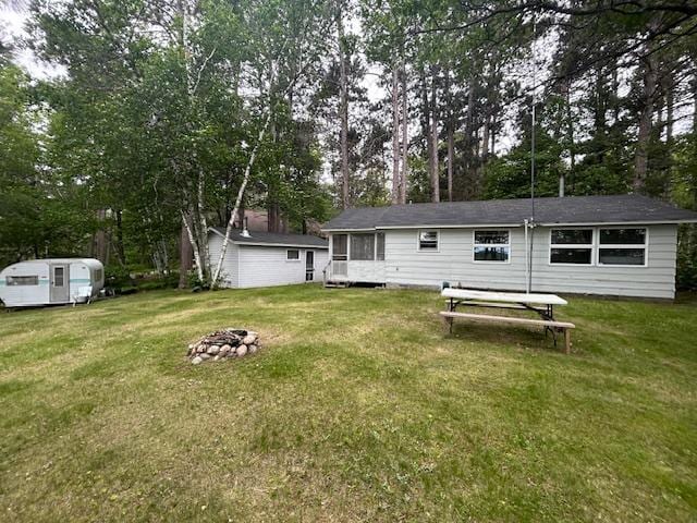 1906 Hay Lake Dr NW, Ponto Lake Twp, MN 56474 - back of property featuring an outdoor fire pit, a yard, and view of scattered trees