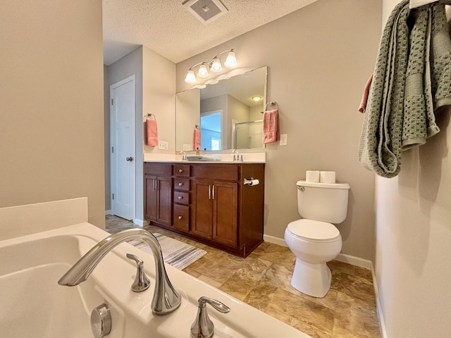 8389 Norwood Ln N, Maple Grove, MN 55369 - bathroom featuring double vanity, a bath, a shower with door, and a textured ceiling