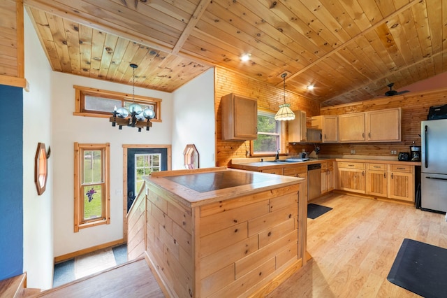 4767 Mccomber Rd, Duluth, MN 55803 - kitchen with appliances with stainless steel finishes, light wood-style flooring, wood ceiling, vaulted ceiling, and pendant lighting