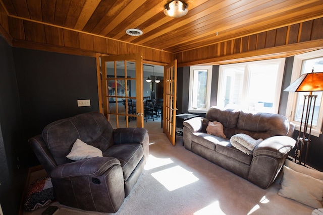 701 Oak Ave, Olivia, MN 56277 - living room featuring wood ceiling, carpet flooring, and wood walls
