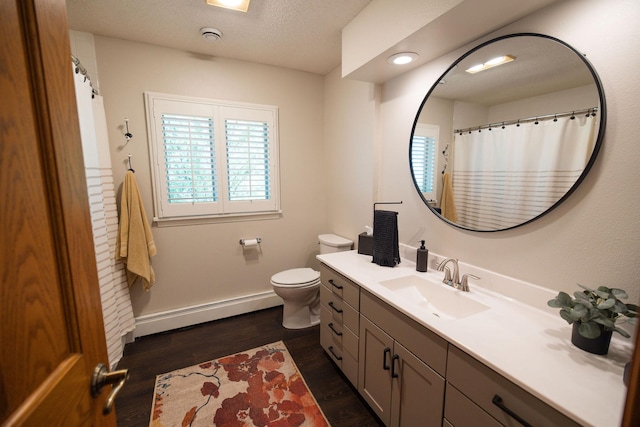 701 Oak Ave, Olivia, MN 56277 - bathroom featuring baseboard heating, plenty of natural light, vanity, and wood finished floors