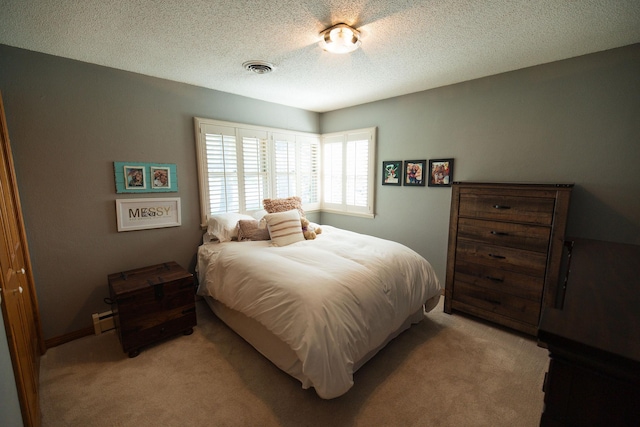 701 Oak Ave, Olivia, MN 56277 - bedroom with light carpet, a textured ceiling, and a baseboard radiator