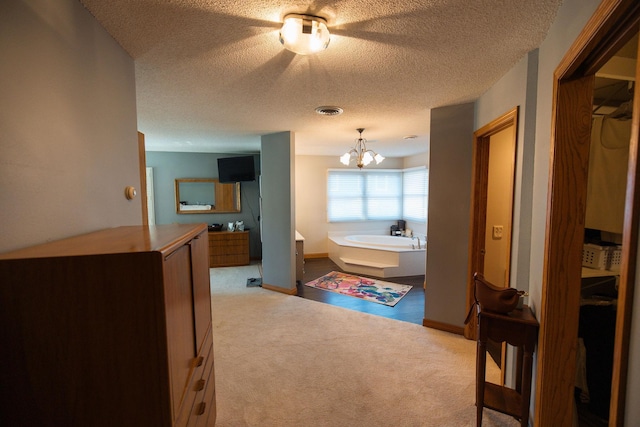701 Oak Ave, Olivia, MN 56277 - bathroom with a chandelier, a bath, and a textured ceiling