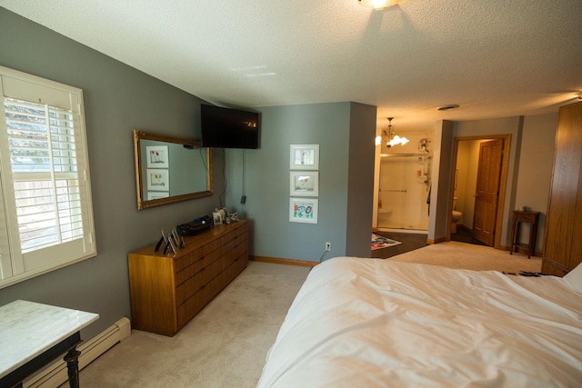 701 Oak Ave, Olivia, MN 56277 - bedroom with light carpet, a chandelier, a textured ceiling, and a baseboard heating unit
