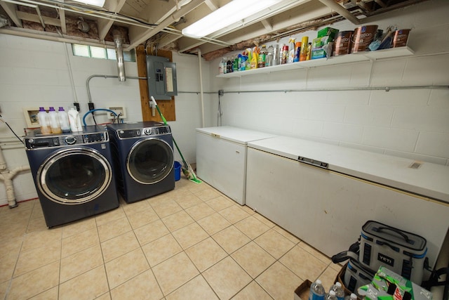 701 Oak Ave, Olivia, MN 56277 - washroom featuring washer and clothes dryer, electric panel, and concrete block wall
