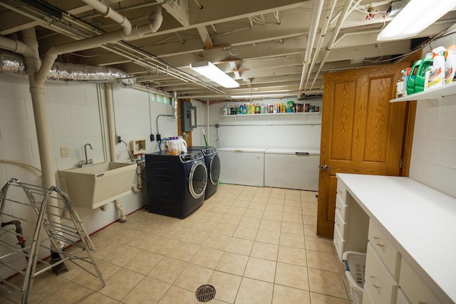 701 Oak Ave, Olivia, MN 56277 - washroom featuring washer and dryer, electric panel, light tile patterned floors, and concrete block wall
