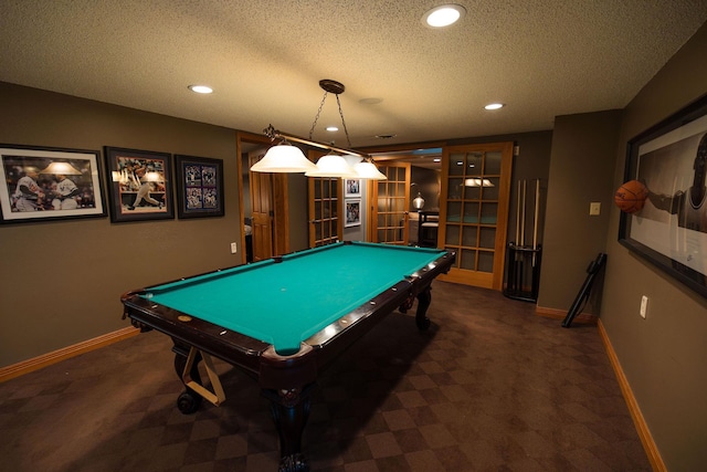 701 Oak Ave, Olivia, MN 56277 - recreation room with a textured ceiling, billiards, carpet floors, recessed lighting, and french doors