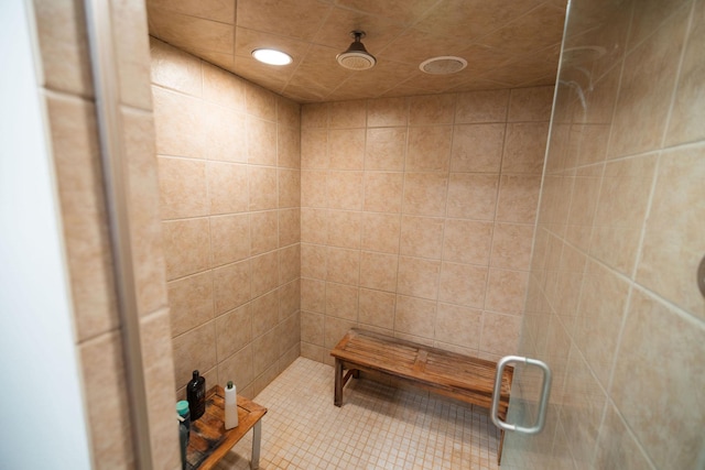701 Oak Ave, Olivia, MN 56277 - bathroom with a tile shower, recessed lighting, a sauna / steam room, and tile patterned flooring