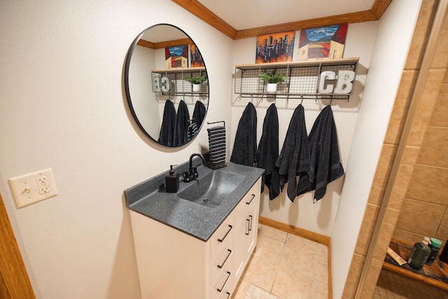 701 Oak Ave, Olivia, MN 56277 - bathroom with vanity, tile patterned floors, and crown molding