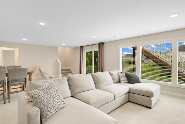18175 61st Ave N, Plymouth, MN 55446 - living area featuring stairway, light carpet, and recessed lighting
