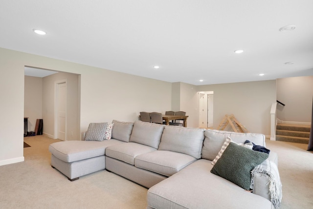 18175 61st Ave N, Plymouth, MN 55446 - living room with light colored carpet, stairs, and recessed lighting
