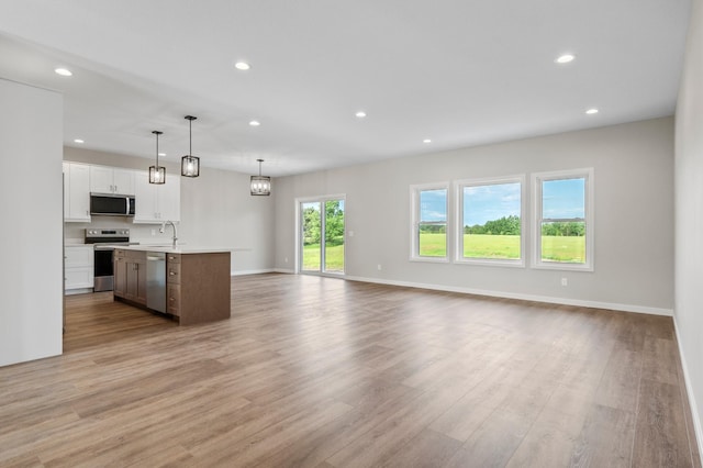 1720 Summer Ln NE, Alexandria, MN 56308 - kitchen featuring appliances with stainless steel finishes, open floor plan, light countertops, recessed lighting, and light wood finished floors