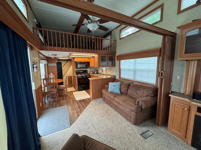 1540 US Highway 59 Unit 203, Detroit Lakes, MN 56501 - living area with hardwood / wood-style floors, high vaulted ceiling, ceiling fan, and beamed ceiling