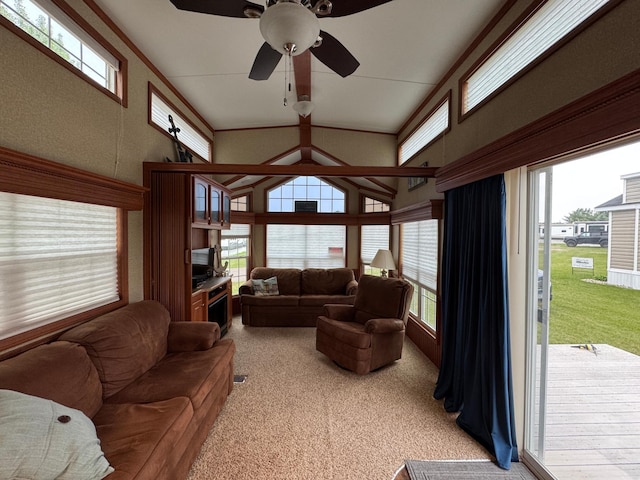 1540 US Highway 59 Unit 203, Detroit Lakes, MN 56501 - living room featuring light colored carpet, ceiling fan, and vaulted ceiling