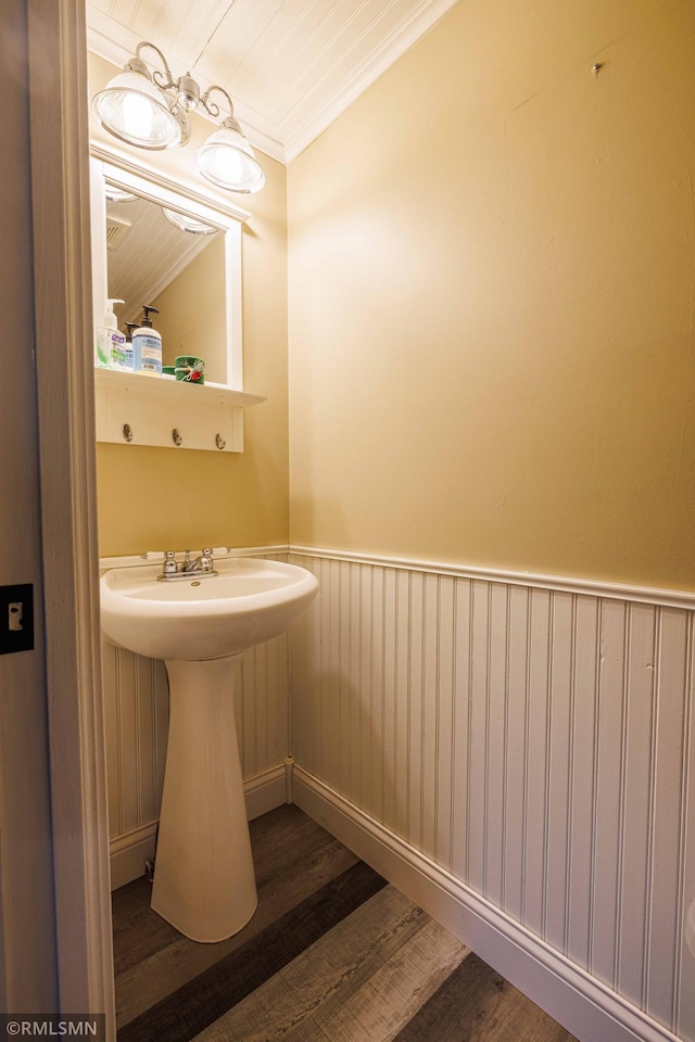 6354 151st Street Ct N, Hugo, MN 55038 - bathroom with crown molding, wood finished floors, and wainscoting