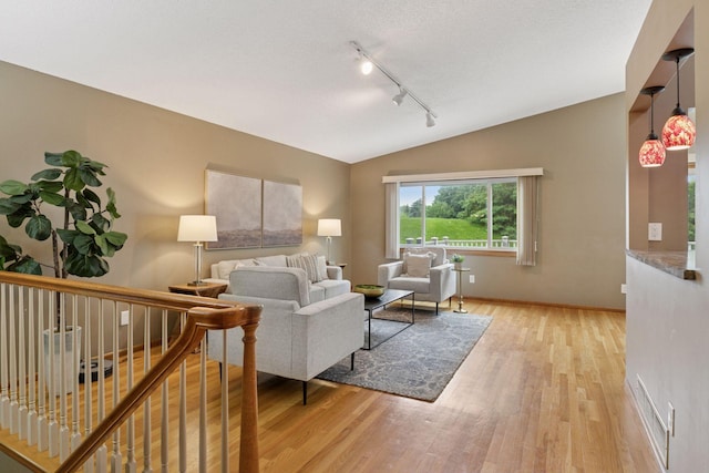 6160 Creek View Rdg, Minnetonka, MN 55345 - living area with vaulted ceiling, rail lighting, and light wood-type flooring