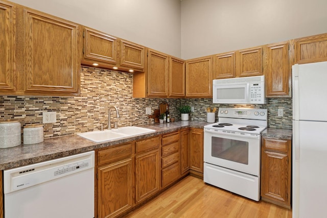 6160 Creek View Rdg, Minnetonka, MN 55345 - kitchen featuring white appliances, decorative backsplash, light wood-style floors, and dark countertops