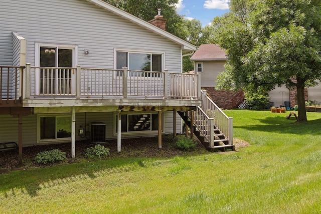 6160 Creek View Rdg, Minnetonka, MN 55345 - back of house with a wooden deck, a chimney, a lawn, and stairs