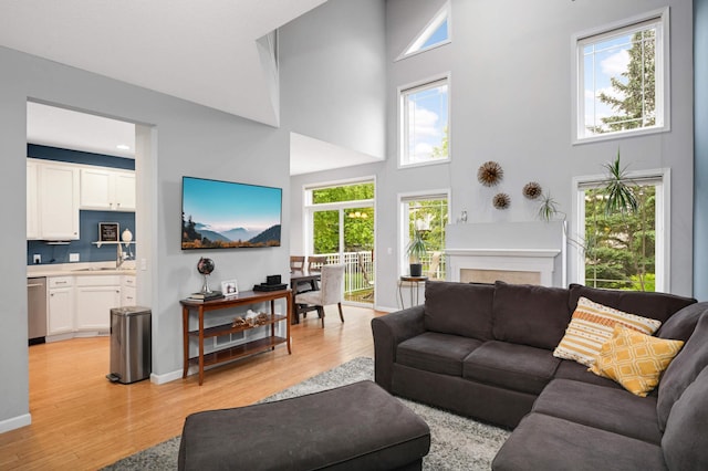 6715 158th St W, Apple Valley, MN 55124 - living area with light wood-style floors, a towering ceiling, and healthy amount of natural light