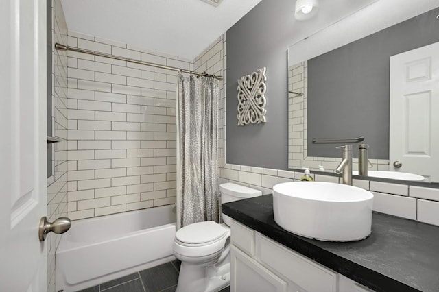 6715 158th St W, Apple Valley, MN 55124 - full bath with vanity, shower / bathtub combination with curtain, and tile patterned flooring