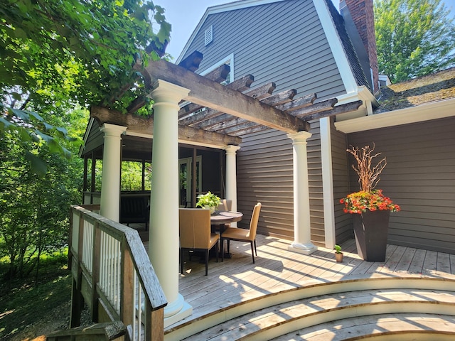 3900 Hillcrest Way, Deephaven, MN 55391 - wooden terrace with outdoor dining area and a pergola