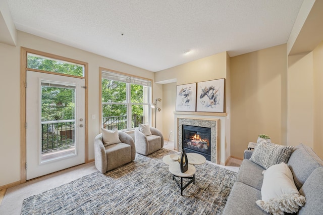 10751 Falling Water Ln Unit C, Woodbury, MN 55129 - living area featuring a tiled fireplace and a textured ceiling