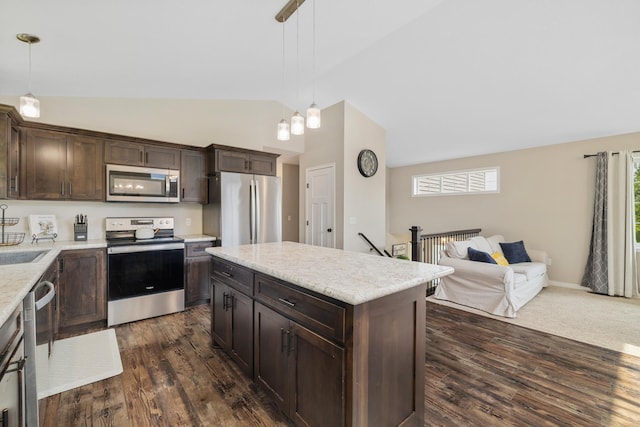 9147 Viking St, Brainerd, MN 56401 - kitchen featuring appliances with stainless steel finishes, dark brown cabinetry, dark wood-style flooring, decorative light fixtures, and high vaulted ceiling