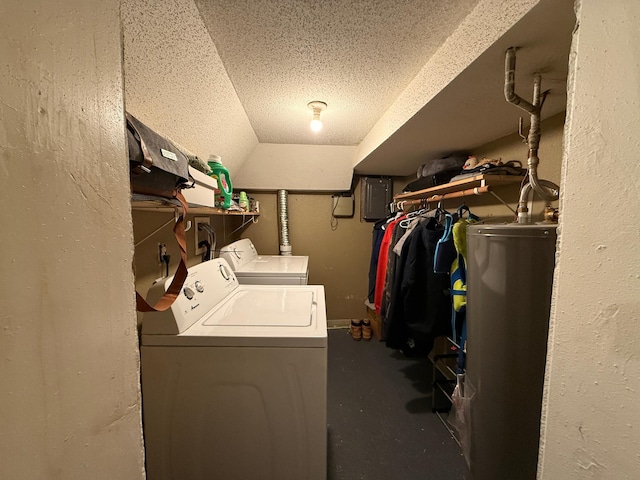 835 9th Ave, Granite Falls, MN 56241 - laundry room with washer and clothes dryer, water heater, a textured ceiling, and electric panel