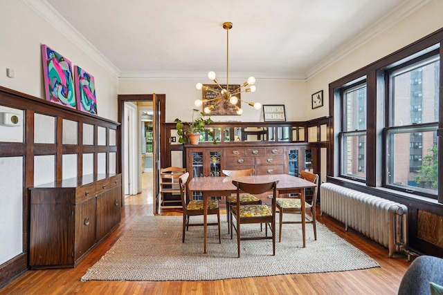 1718 Clinton Ave Unit 6, Minneapolis, MN 55404 - dining area with radiator, ornamental molding, wood finished floors, and a chandelier