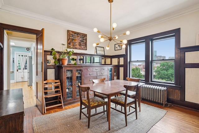 1718 Clinton Ave Unit 6, Minneapolis, MN 55404 - dining space with radiator heating unit, ornamental molding, wood finished floors, and a chandelier