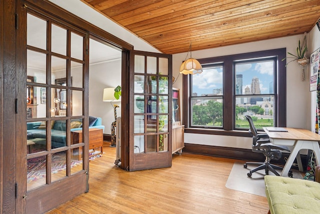 1718 Clinton Ave Unit 6, Minneapolis, MN 55404 - office space with wooden ceiling, light wood-style floors, lofted ceiling, and a view of city