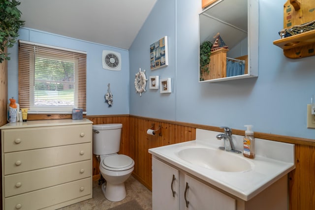 13506 Elmer Hanson Dr SE, Woodside Twp, MN 56736 - full bath with vanity, wainscoting, wooden walls, lofted ceiling, and curtained shower