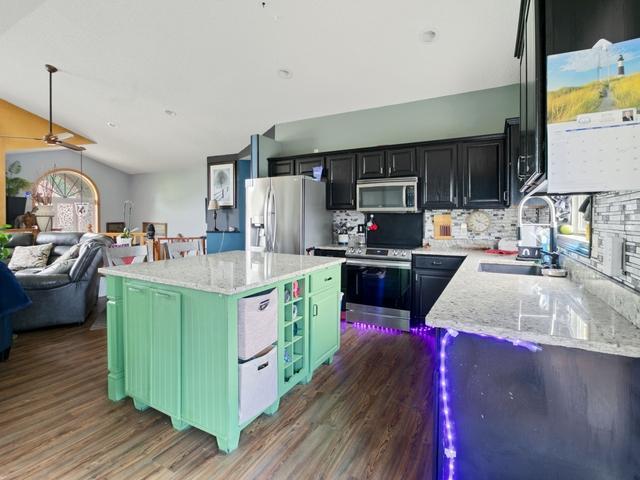 1813 Canton Rd, Prescott, WI 54021 - kitchen with stainless steel appliances, wood finished floors, ceiling fan, decorative backsplash, and open floor plan