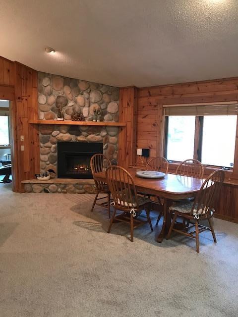 8916 Kabekona Springs Dr NW, Walker, MN 56484 - dining room featuring wood walls, healthy amount of natural light, carpet, a stone fireplace, and a textured ceiling
