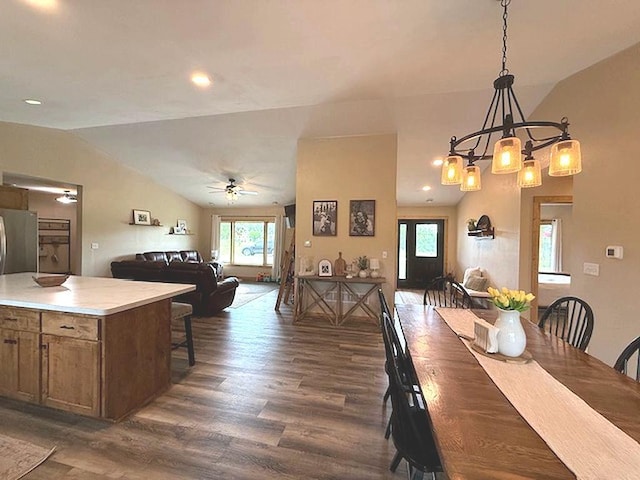 16696 Eclipse Dr, Park Rapids, MN 56470 - dining space featuring lofted ceiling, ceiling fan, dark wood finished floors, and recessed lighting