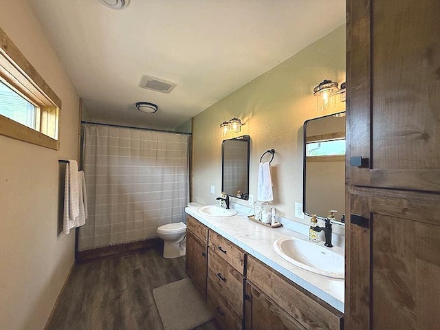 16696 Eclipse Dr, Park Rapids, MN 56470 - bathroom featuring double vanity, wood finished floors, and a shower with curtain