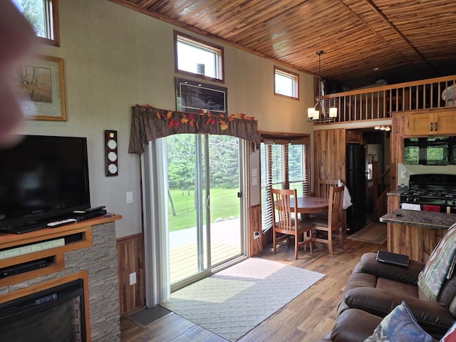 20389 640th Ln, Jacobson, MN 55752 - living area featuring wood ceiling, a high ceiling, a wainscoted wall, a fireplace, and wood finished floors